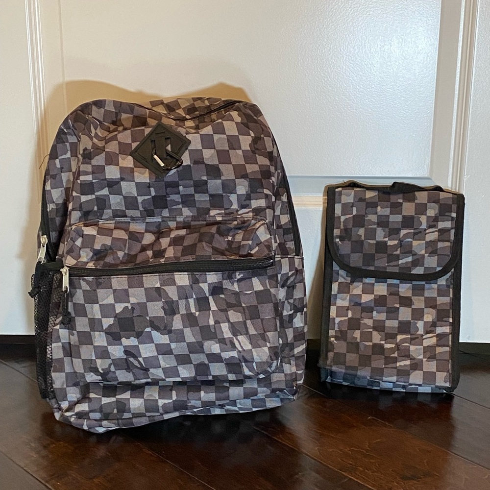 2 Pc Checkered Camo Backpack & Insulated Lunch Tote Set | Black Grey